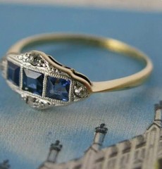 Vintage Art Deco Style Blue Sapphire & Diamond 14K Gold Finish Anniversary Ring