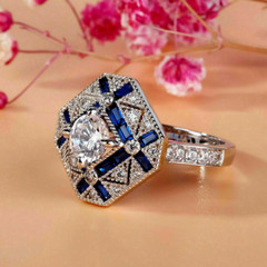 Antique Vinta Baguette Cut Sapphire & Lab-Created Diamond Wedding 925Silver Ring