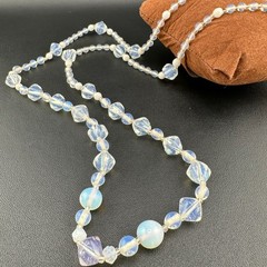 Vintage Opalite Glass Bead Necklace 31″ Faceted Round Hook Clasp Adjustable