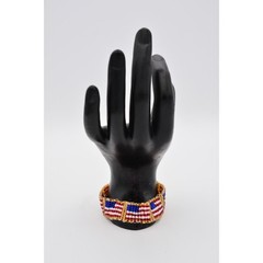 Vintage American Flag Beaded Bracelet Red White Blue USA Gold Woven 1990s Bin4