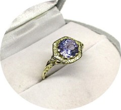 18k Ring – Bright Blue TANZANITE – Art Deco Yellow Gold Filigree Mtg…