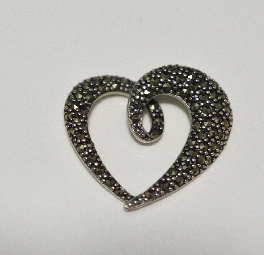 Open Heart Shaped Sterling Silver Marcasite Pendant Slide