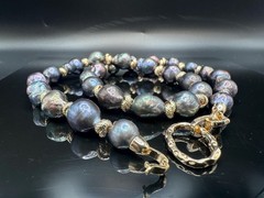 21 inch Big Peacock Baroque Pearl Necklace and Earring Set, Accent Clasp