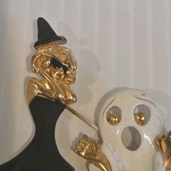 Vintage AJC Croquette Brooch Gold Tone Enamel Halloween Witch Broomstick Ghost