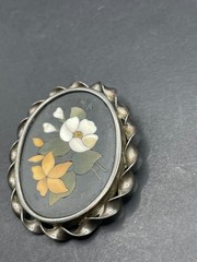 Antique Sterling Pietra Dura Pin/Brooch Mosiac Floral