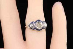 Art Deco Style Lab-Created Diamond Sapphire Three Stone Ring 14 White Gold FN