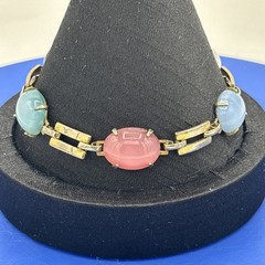 Vintage Pastel Cabochon Link Bracelet Pink Blue Purple Silver Tone 7.5”