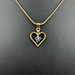 Vintage Rhinestone Heart Pendant Necklace Blue Stone Gold Tone 15″ Chain Dainty