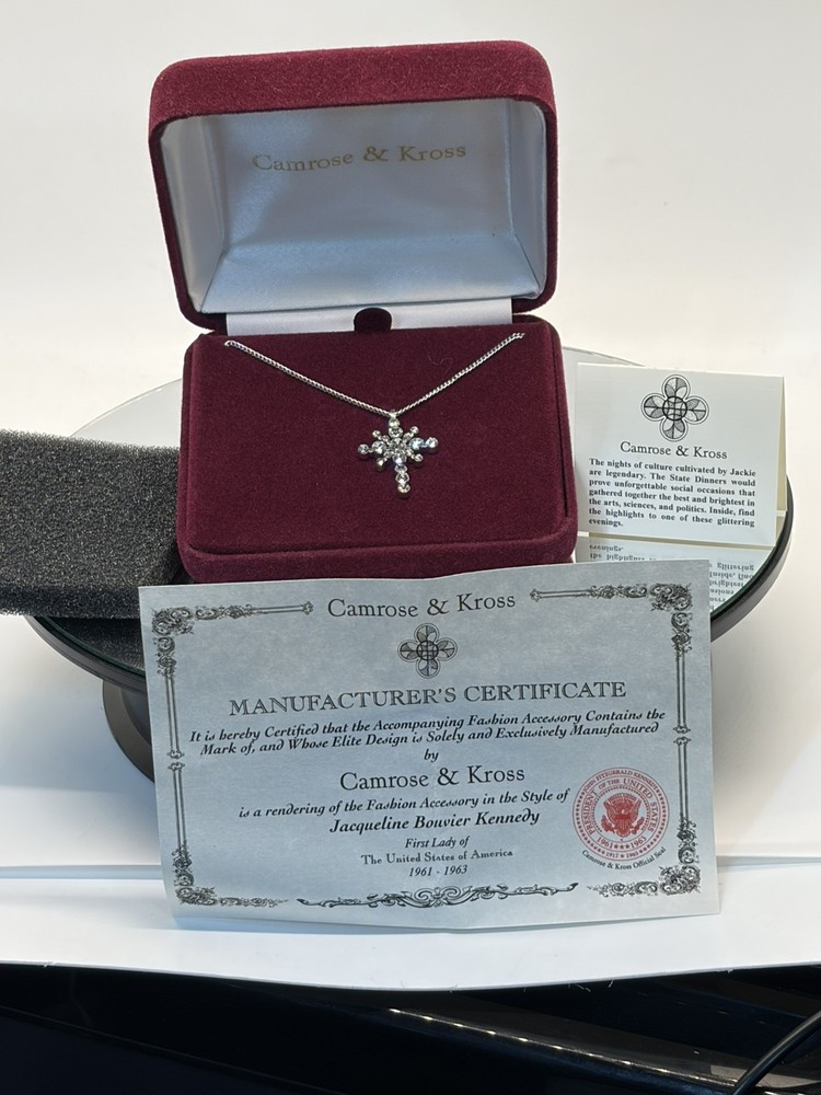 Camrose & Kross CZ Silvertone Cross Necklace JBK Chain COA Jacqueline B Kennedy