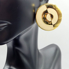 Geometric Mismatch Metal Cream Enamel Gold Tone Round Career Pierced Earrings