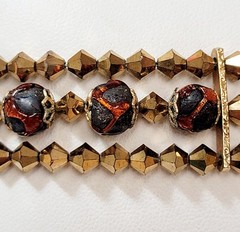 Vintage Hobe Bronze Glass Bead Black Orange Art Glass Goldtone Bracelet