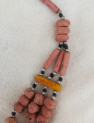 Vintage Pink Clay Bead Multi Strand Bib Necklace Yellow Spacer Bar Tribal Boho