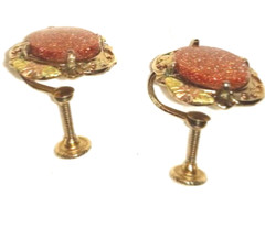 Vintage Screwback Goldtone Copper Glitter Cabochon Earrings Old Estate Jewelry