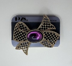 Vintage 1928 Purple Jelly Belly Gold Tone Twisted Ribbon Bow Pin Brooch New