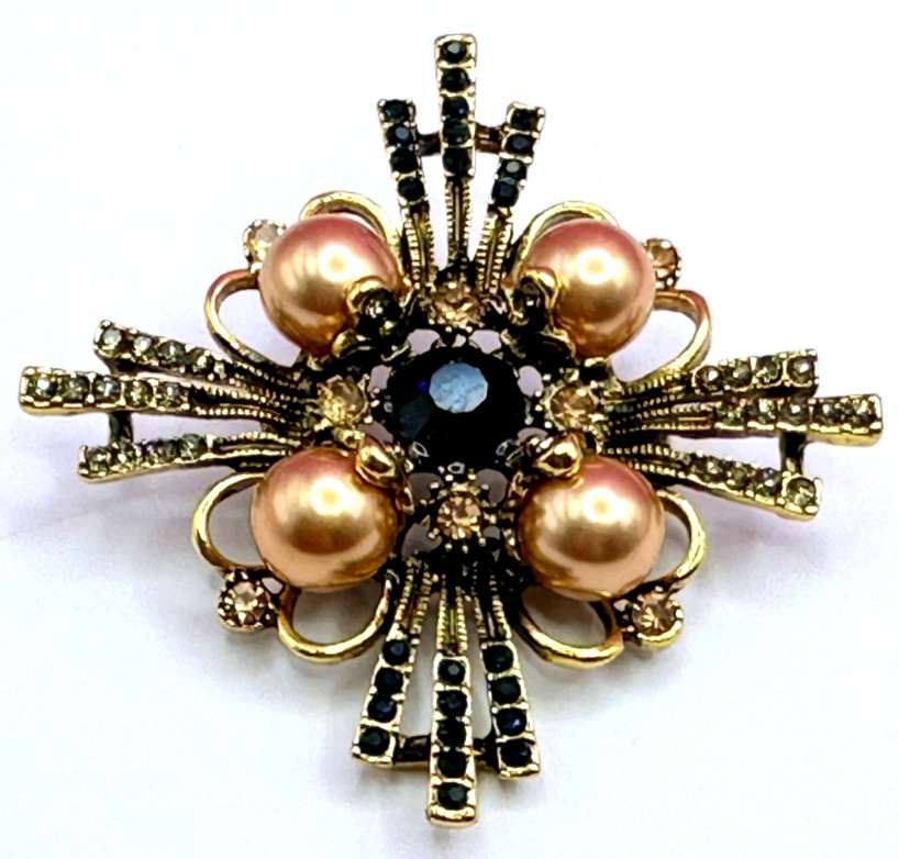 Gold Tone Faux Pearls & Multicolor Rhinestones Brooch Contemporary
