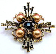 Gold Tone Faux Pearls & Multicolor Rhinestones Brooch Contemporary