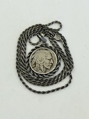 Vintage 1937 Buffalo Nickel Coin Pendant 925 Sterling Silver Chain 15-grams
