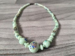 Jadeite Beaded Glass Necklace 15in Light Green Antique Art Deco Vintage