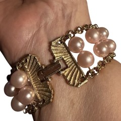 Vintage Gold Tone Pink Faux Pearl Double Row Chain Link Bracelet Fold Over Clasp