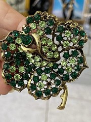 Weiss Green Rhinestone Flower Brooch Signed
