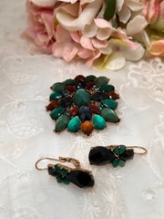 Vintage Brooch and Earrings Faceted Green Cut Glass Pin and Pierced Earrings Set