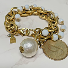 Vintage JOHN WIND Faux Pearl Multi strand Gold Tone Chain Initial “J” Bracelet