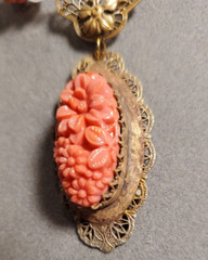 VTG ART DECO Coral Molded Glass Floral Necklace 1930s Glass & Brass 18″ Necklace