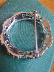 Classy Mazer Circle Pin Silver Tone w/ Clear Tapered Baguette & Emerald Stones