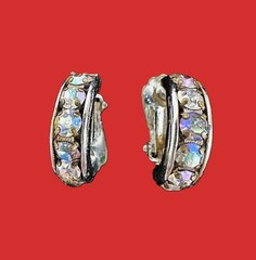JJE205 Silver Plate Semi Circle Clip On Earrings w Colored zircons VTG