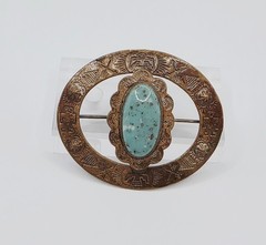 Vintage Southwestern Style Faux Turquoise Glass Brooch Tribal Symbol Oval Pin