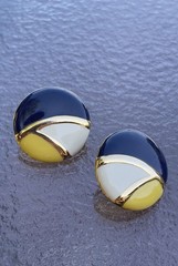 Vintage 1980s Geometric Pierced Earrings – Navy Blue, White, Yellow Enamel