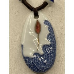 Blue White Porcelain Pendant 20″ Cord Adjustable Necklace Hand Painted