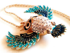 RHINESTONE OWL NECKLACE!Blue Enamel Bird Pendant.Aqua & Clear Crystals.Gold Tone