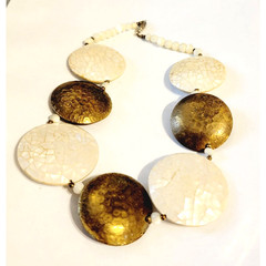 Brass & Mother of Pearl Necklace White & Gold Statement Ethnic Jewelry 18″ wh414
