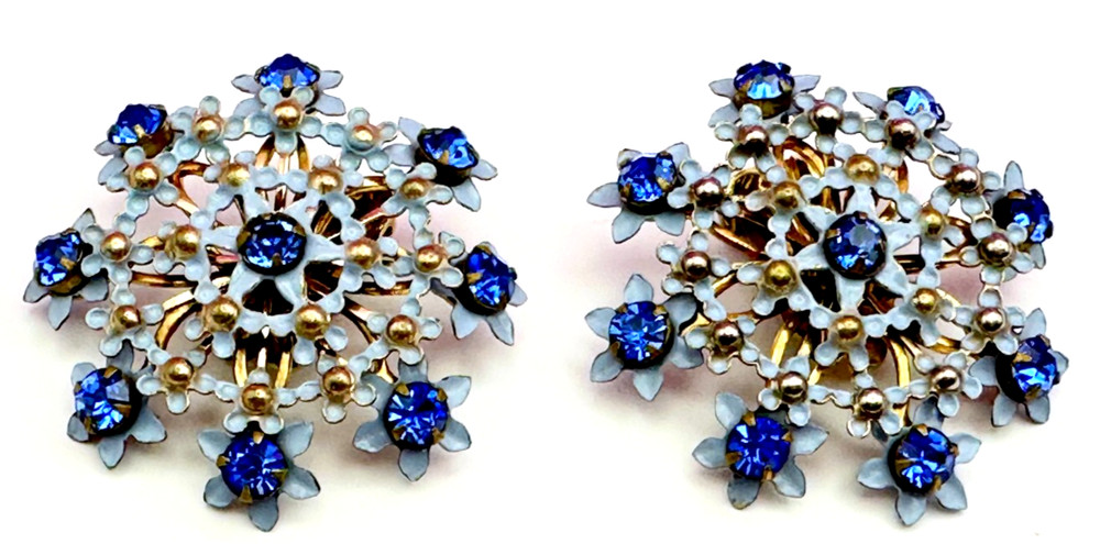 Gold Tone Pastel Blue Enamel & Royal Blue Rhinestones Clip-on Earrings Vintage
