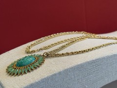 Vintage Celebrity Gold Tone Faux Green Jade Double Chain Necklace 24” BinR