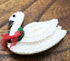 Swan Brooch Christmas Pin Sequin White with Wreath around Neck 2.25 in ELEGANT