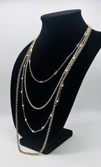 Vtg-Multi-Layer GOLD TONE-Chain NECKLACE-Faux Pearls-LONG LAYERED-Statement