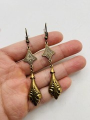 Vintage Style Art Nouveau Gold Tone Long Elegant Teardrop Dangle Hook Earrings