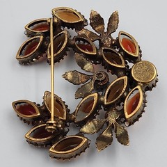 Vtg Open Wreath Navette Rhinestone Brooch Autumn Brass Leaves Fall Amber Pin