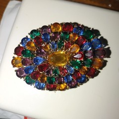 Oval Glow Rhinestone Brooch Pin Fruit Salad Pear Teardrop Stone Open Work Brass