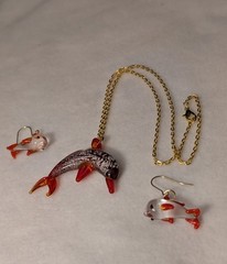 Glass Dolphin & Earrings On 18 inch, 2mm Chain Vintage