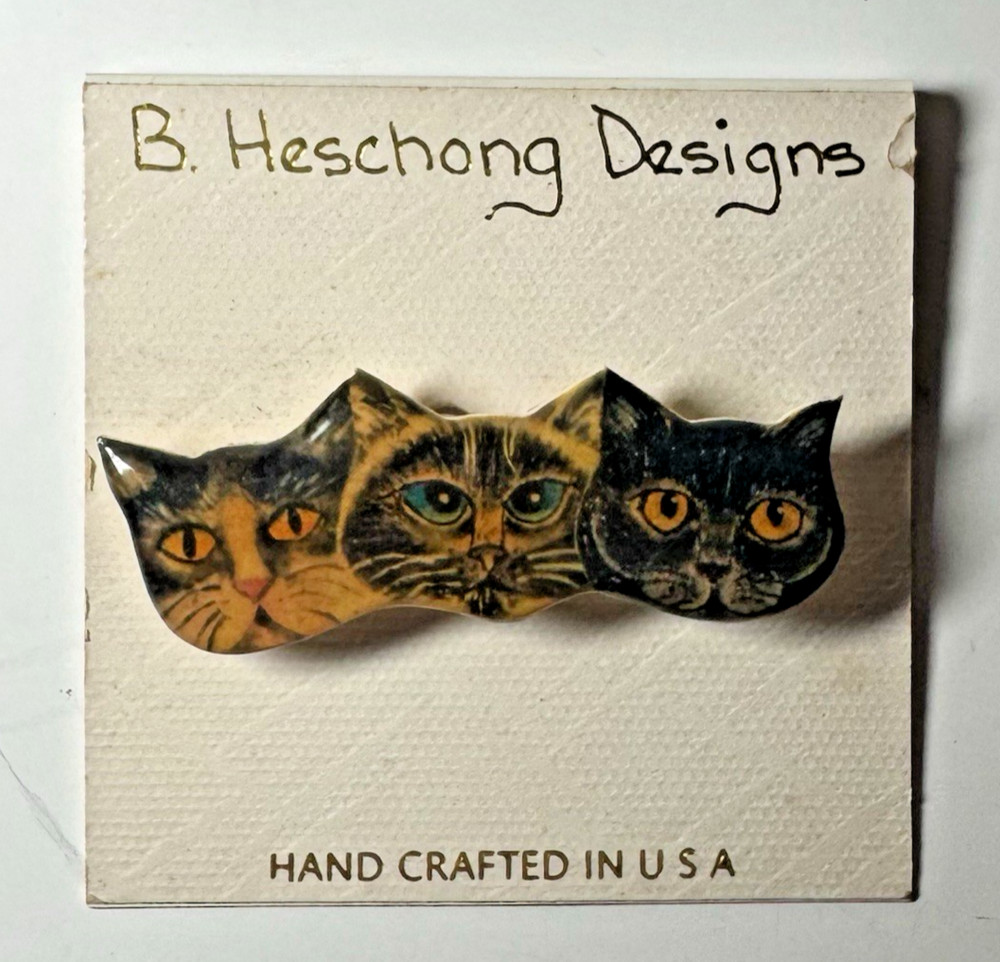 Vintage B. Heschong Designs Cat Brooch Hand Crafted USA Triple Cat Pin 2.5”