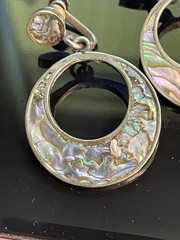 Vintage 1950s Mexico Sterling Silver Abalone Crescent Hoop Screw-Back Earrings