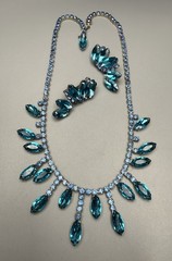 Necklace & Clip On Earrings Set Aqua Blue Rhinestone Fringe Style VTG 17” 50-60s