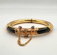 Antique Chinese 24K Yellow Gold Black Gem 8mm 6.5″ Hinged Bracelet Bangle 26.9g