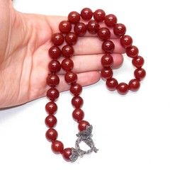 Carnelian & Marcasite 925 Sterling Silver Beaded Knotted 12mm Vntg Necklace 20in