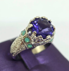 Faux Purple Amethyst Green Opal Filigree Silver Cocktail Ring Marked 925 SZ 7.25
