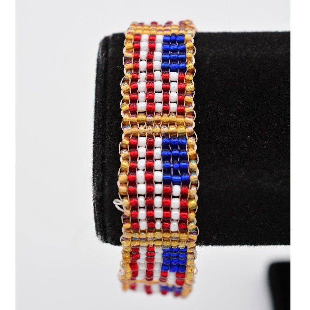 Vintage American Flag Beaded Bracelet Red White Blue USA Gold Woven 1990s Bin4