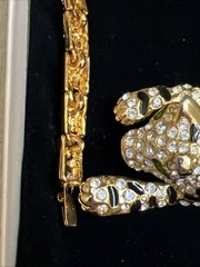 Vintage Articulated Bracelet & Broach Green Eyed Tiger 8″ w/ Rhinestones #JC9